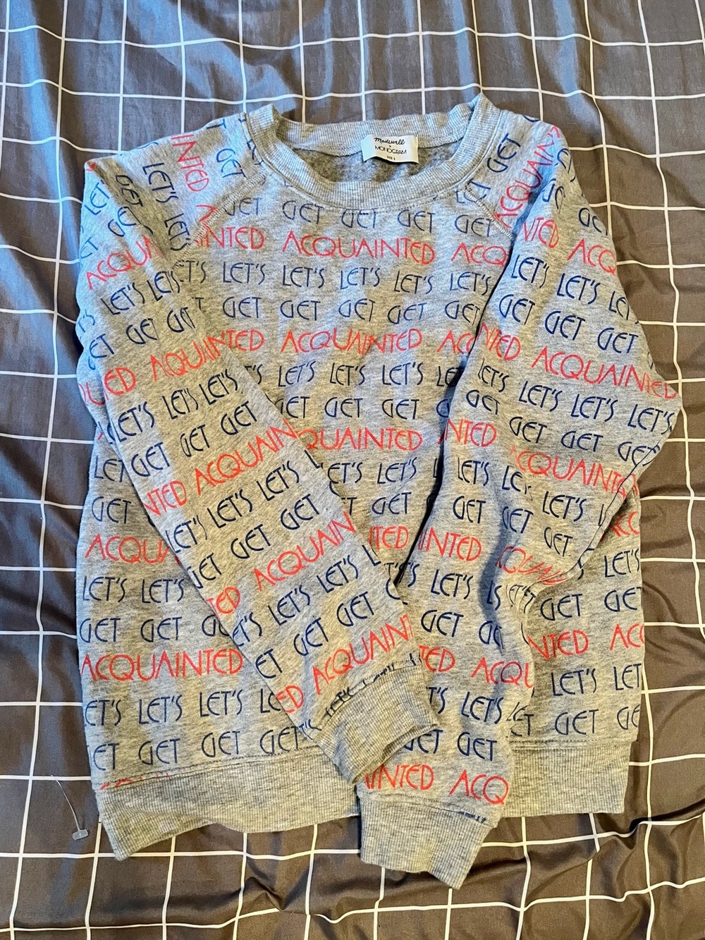Madewell & Monogram Grey Crewneck Sweatshirt with Red & Blue Script